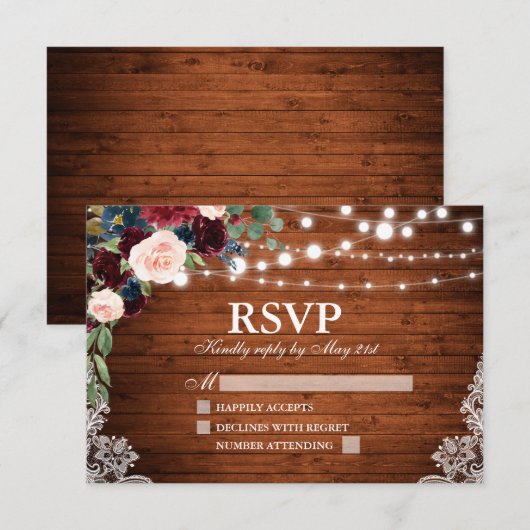Rustic Wood Burgundy Blue Floral Wedding RSVP Kaartje (Voorkant / Achterkant)