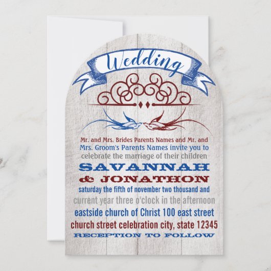 Rustic Wood Burgundy Blue  Lovebird Wedding Kaart (Voorkant)