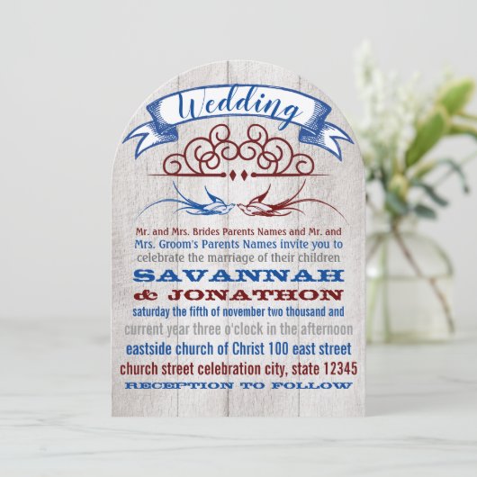 Rustic Wood Burgundy Blue  Lovebird Wedding Kaart (Staand voorkant)