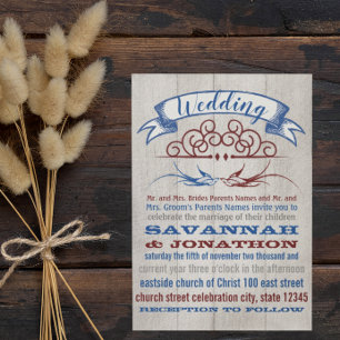 Rustic Wood Burgundy Blue  Lovebird Wedding Kaart