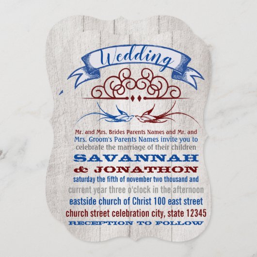 Rustic Wood Burgundy Blue Lovebird Wedding Kaart (Voorkant / Achterkant)