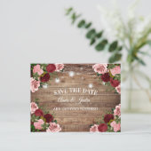 Rustic Wood Burgundy Blush Pink Floral Save Date Briefkaart (Staand voorkant)
