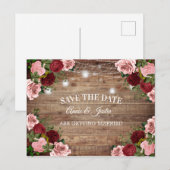 Rustic Wood Burgundy Blush Pink Floral Save Date Briefkaart (Voorkant / Achterkant)