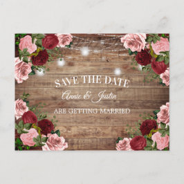 Rustic Wood Burgundy Blush Pink Floral Save Date Briefkaart