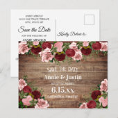 Rustic Wood Burgundy Blush Pink Floral Save Date Briefkaart (Voorkant / Achterkant)