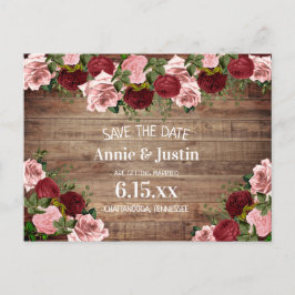 Rustic Wood Burgundy Blush Pink Floral Save Date Briefkaart