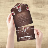 Rustic Wood Burgundy Blush Pink Rose Mason Jar All In One Uitnodiging