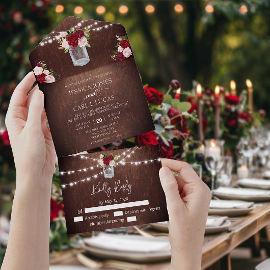 Rustic Wood Burgundy Blush Pink Rose Mason Jar All In One Uitnodiging