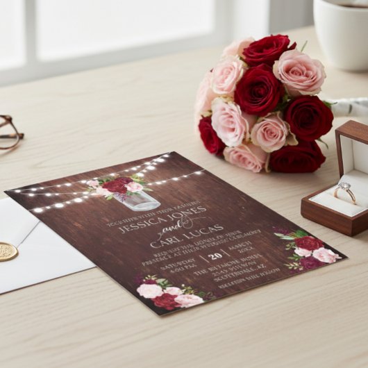 Rustic Wood Burgundy Blush Pink Rose Mason Jar Flyer