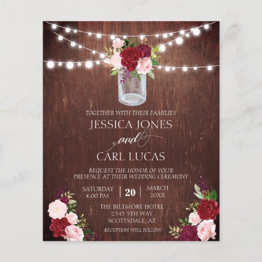 Rustic Wood Burgundy Blush Pink Rose Mason Jar Flyer (Voorkant)