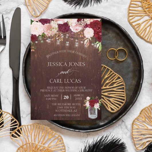 Rustic Wood Burgundy Blush Pink Rose Mason Jar Kaart