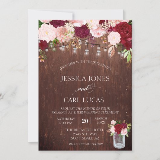 Rustic Wood Burgundy Blush Pink Rose Mason Jar Kaart (Voorkant)