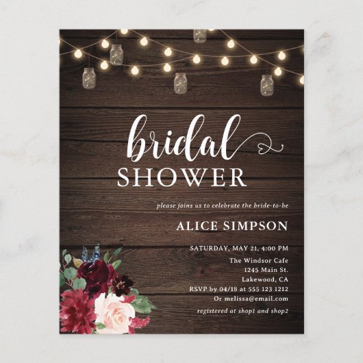 Rustic Wood Burgundy Blush Script Vrijgezellenfees Flyer (Voorkant)