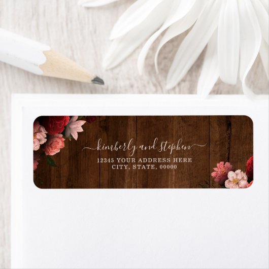 Rustic Wood Burgundy Coral Floral Wedding Etiket (Insitu)