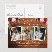Rustic Wood Burgundy Floral 3 Foto slaat de datum  Uitnodiging Briefkaart (Voorkant / Achterkant)
