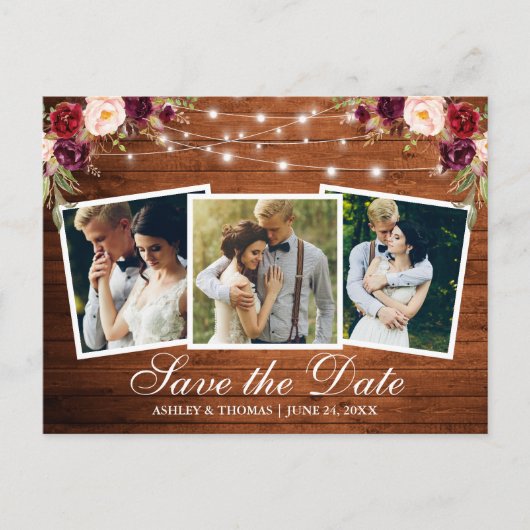 Rustic Wood Burgundy Floral 3 Foto slaat de datum  Uitnodiging Briefkaart (Voorkant)