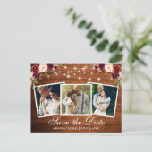 Rustic Wood Burgundy Floral 3 Foto slaat de datum  Uitnodiging Briefkaart (Staand voorkant)