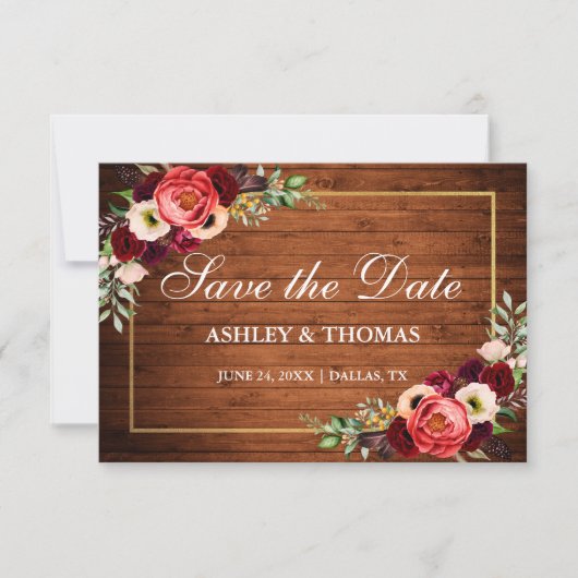 Rustic Wood Burgundy Floral Boho bewaar de datum Save The Date (Voorkant)