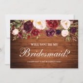 Rustic Wood Burgundy Floral Bridesmaid Kaart (Voorkant)