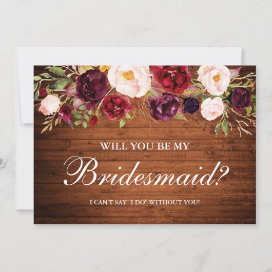 Rustic Wood Burgundy Floral Bridesmaid Kaart (Voorkant)