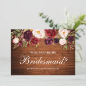 Rustic Wood Burgundy Floral Bridesmaid Kaart (Staand voorkant)