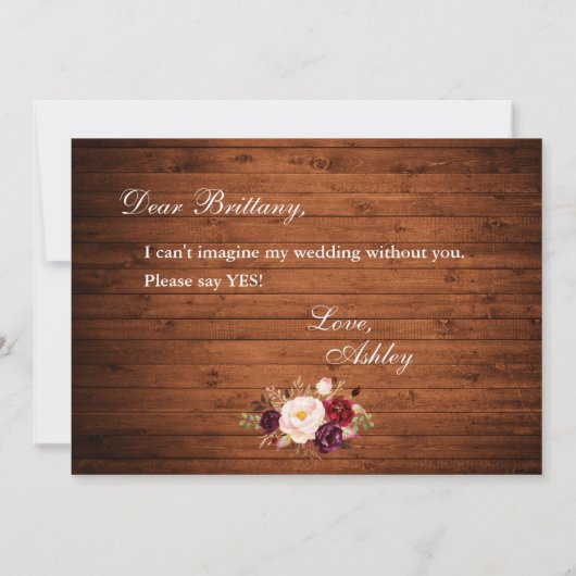 Rustic Wood Burgundy Floral Bridesmaid Kaart (Achterkant)