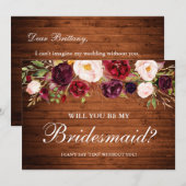 Rustic Wood Burgundy Floral Bridesmaid Kaart (Voorkant / Achterkant)
