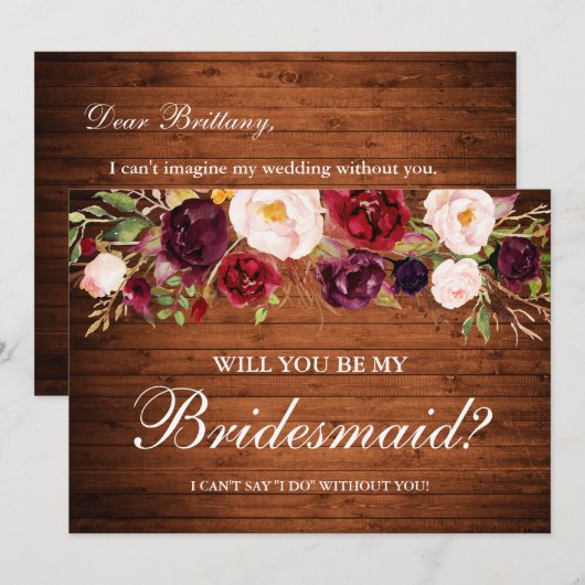 Rustic Wood Burgundy Floral Bridesmaid Kaart (Voorkant / Achterkant)