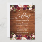 Rustic Wood Burgundy Floral Calligraphy Wedding Kaart (Voorkant)
