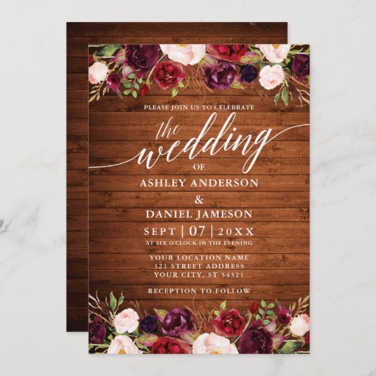 Rustic Wood Burgundy Floral Calligraphy Wedding Kaart (Voorkant / Achterkant)