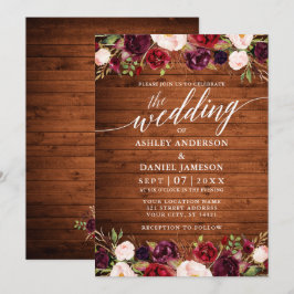 Rustic Wood Burgundy Floral Calligraphy Wedding Kaart