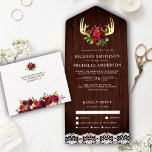Rustic Wood Burgundy Floral Deer Antlers Weddensch All In One Uitnodiging<br><div class="desc">Verrijk je gasten met deze elegante trouwuitnodiging met mooie bloemen en witte kant met afneembaar RSVP-briefkaart. Voeg eenvoudig uw gebeurtenisdetails op deze makkelijk te gebruiken sjabloon toe om het één-van-een-soort uitnodiging te maken.</div>