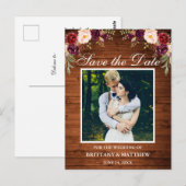 Rustic Wood Burgundy Floral Foto Save the Date Briefkaart (Voorkant / Achterkant)