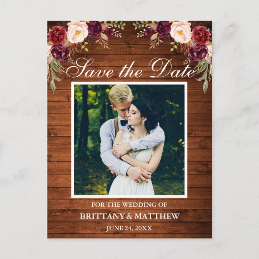Rustic Wood Burgundy Floral Foto Save the Date Briefkaart (Voorkant)