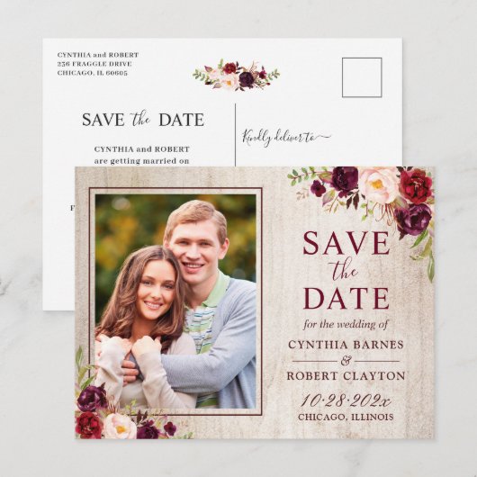 Rustic Wood Burgundy Floral Foto Save the Date Briefkaart (Voorkant / Achterkant)