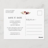 Rustic Wood Burgundy Floral Foto Save the Date Briefkaart (Achterkant)