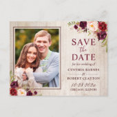 Rustic Wood Burgundy Floral Foto Save the Date Briefkaart (Voorkant)