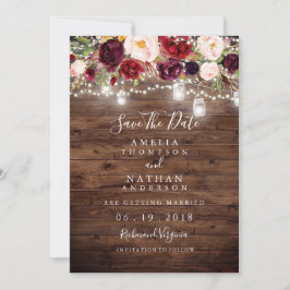 Rustic Wood Burgundy Floral heeft de datum opgesla Save The Date
