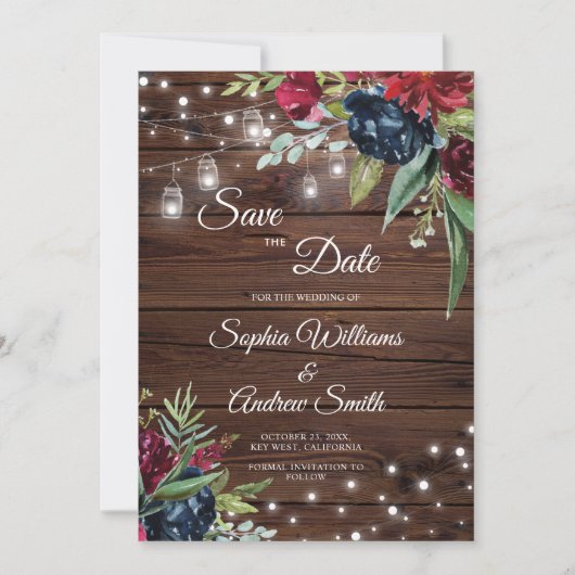 Rustic Wood Burgundy Floral heeft de datum opgesla Save The Date (Voorkant)