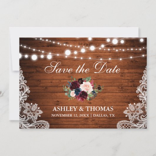 Rustic Wood Burgundy Floral Lace Save the Date (Voorkant)