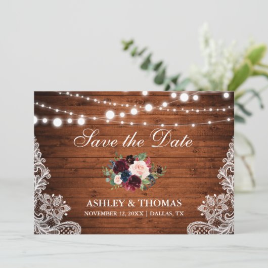 Rustic Wood Burgundy Floral Lace Save the Date (Staand voorkant)