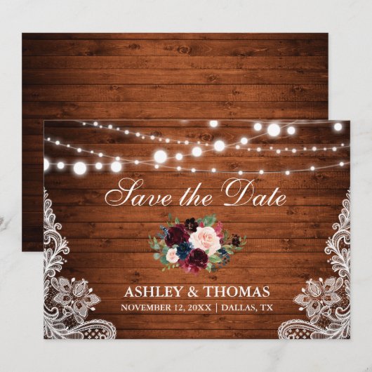 Rustic Wood Burgundy Floral Lace Save the Date (Voorkant / Achterkant)