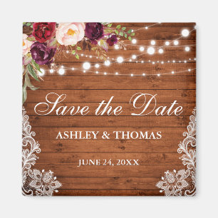 Rustic Wood Burgundy Floral Lace Save the Date Sq Magneet