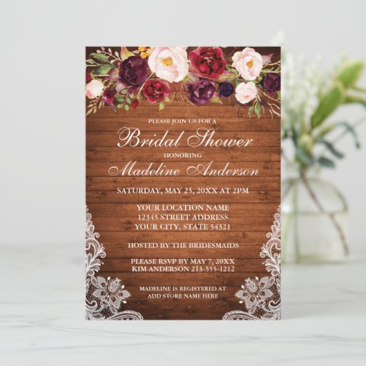 Rustic Wood Burgundy Floral Lace Vrijgezellenfeest Kaart (Staand voorkant)