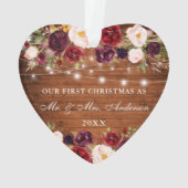 Rustic Wood Burgundy Floral licht eerste kerst Ornament (achterkant)