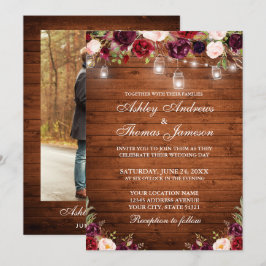 Rustic Wood Burgundy Floral Licht Foto Weddenschap Kaart