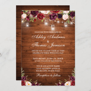 Rustic Wood Burgundy Floral Licht Foto Weddenschap Kaart