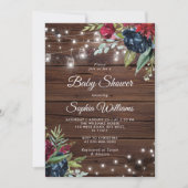 Rustic Wood Burgundy Floral Lights Baby shower Kaart (Voorkant)