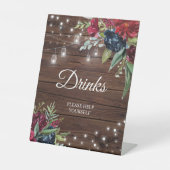 Rustic Wood Burgundy Floral Lights Drink Sign Reclamebord Met Voetstuk (Voorkant)