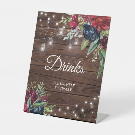 Rustic Wood Burgundy Floral Lights Drink Sign Reclamebord Met Voetstuk (Voorkant)